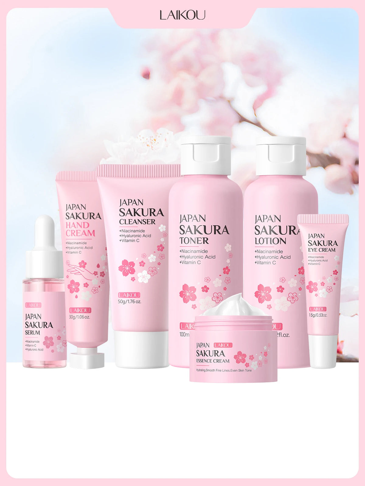 LAIKOU Japanese Sakura skincare set for hydrating and moisturizing skin