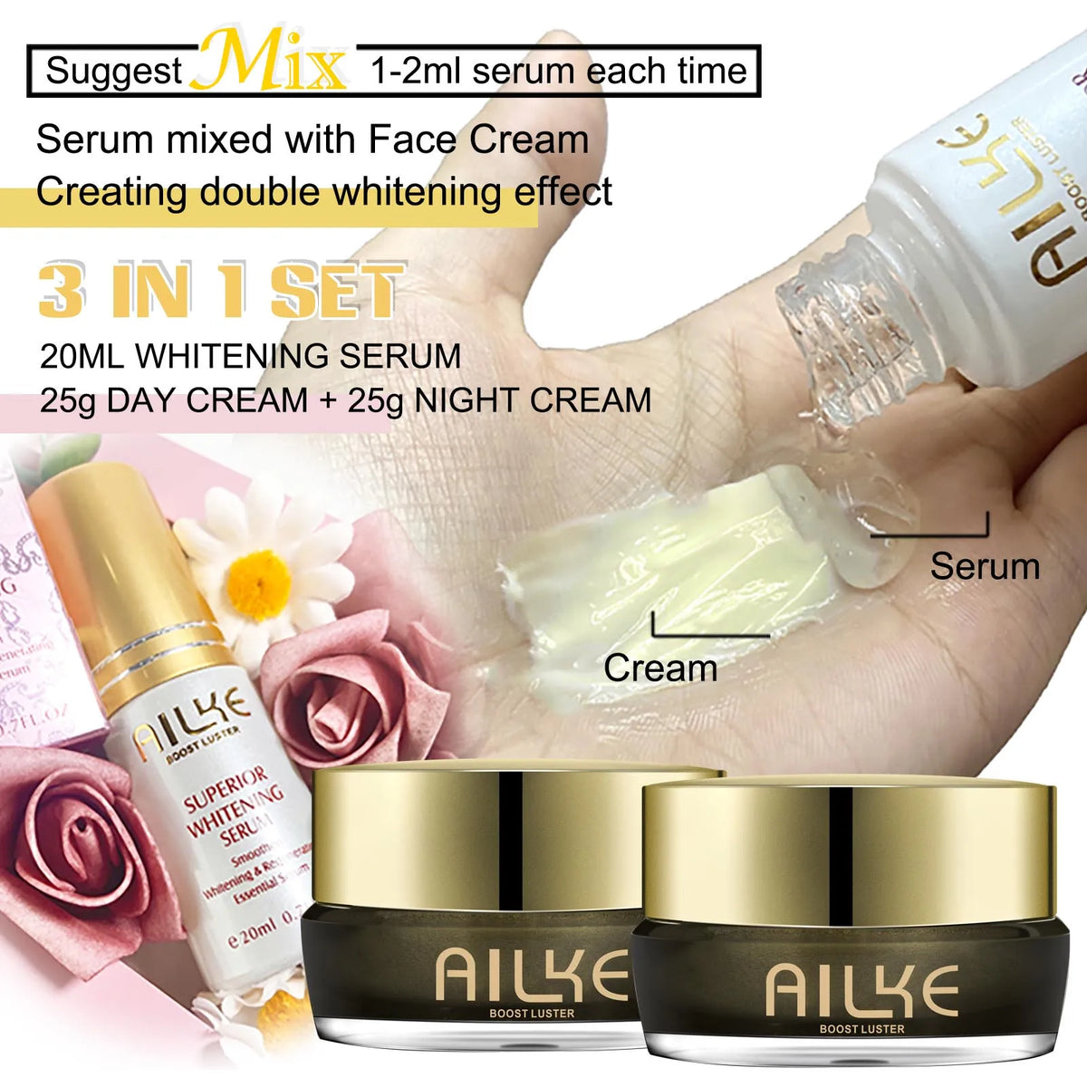 AILKE Whitening Face Cream, Reduce Dark Spots, Wrinkles, Melanin, Even Skin Tone, With Collagen, Glutathione, for All Skin Types