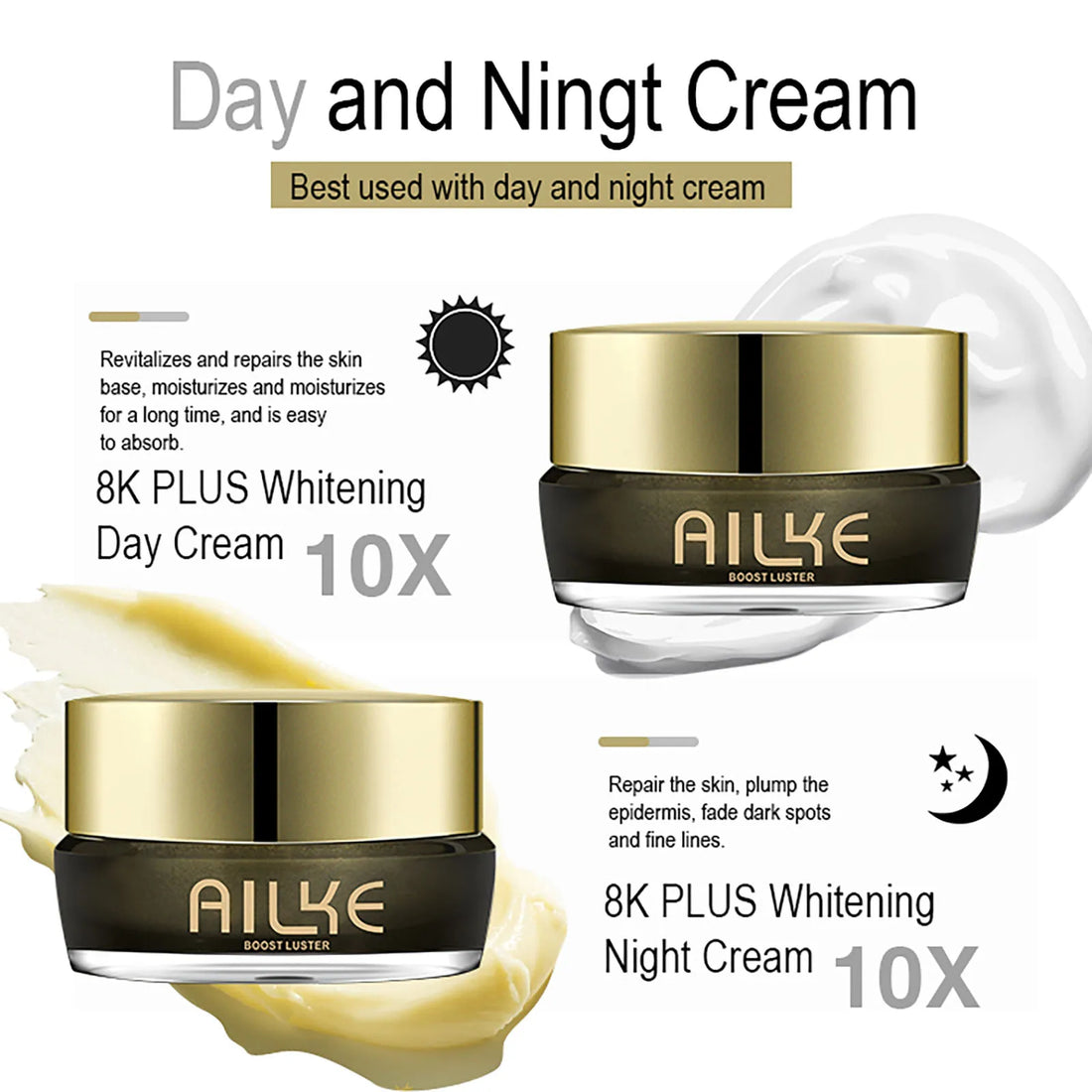 AILKE Whitening Face Cream, Reduce Dark Spots, Wrinkles, Melanin, Even Skin Tone, With Collagen, Glutathione, for All Skin Types