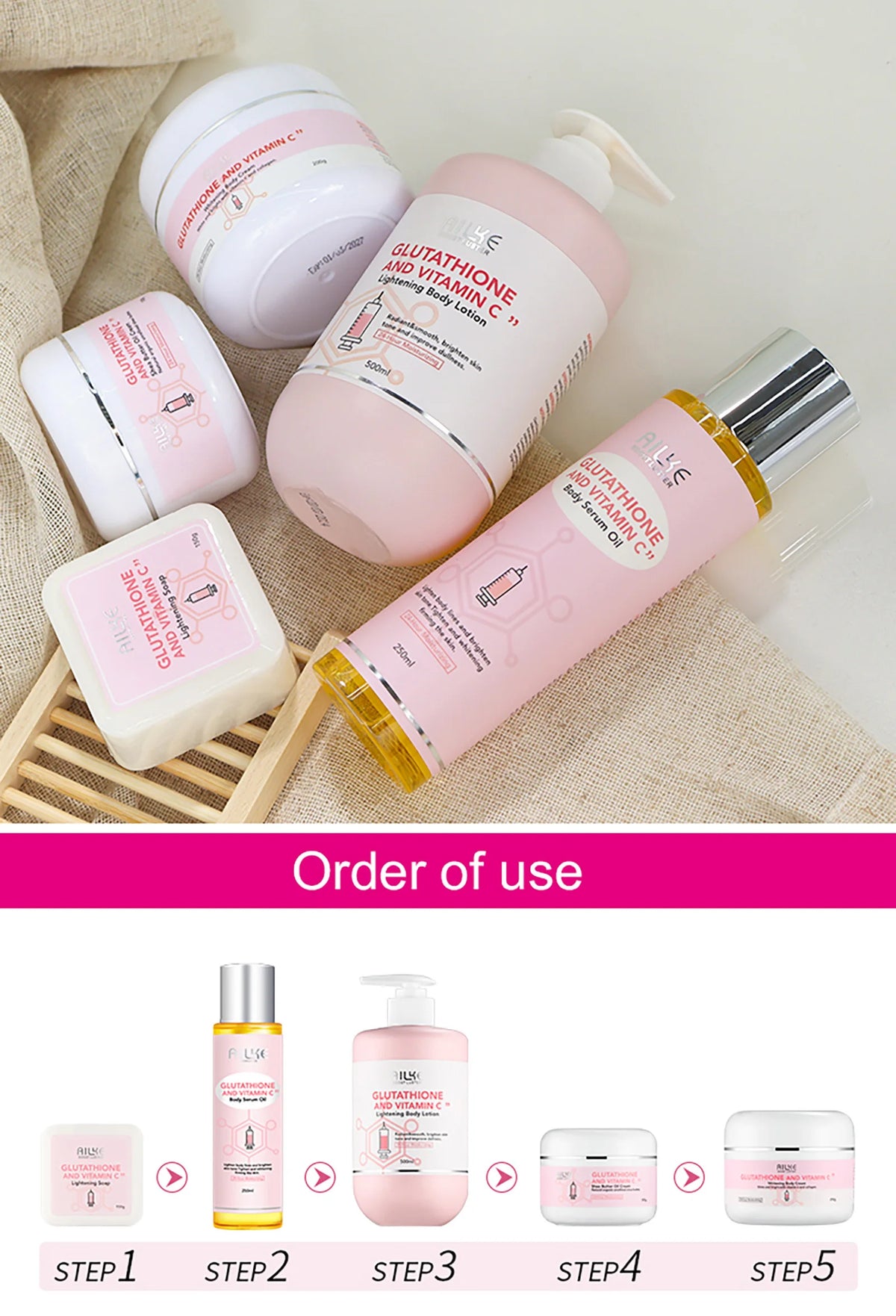 AILKE Glutathion and Vitamin C Whitening Set, Moisturizing, Remove Melanin, Freckles, Black Spots, Chloasma, Clean Skin
