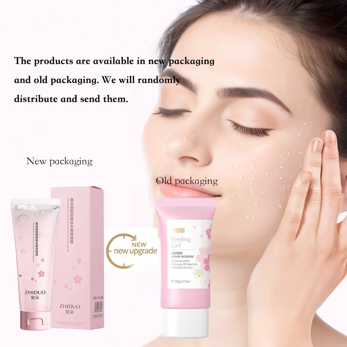 Woman applying Face Deep Cleaning Exfoliating gel, showcasing new and old packaging options.
